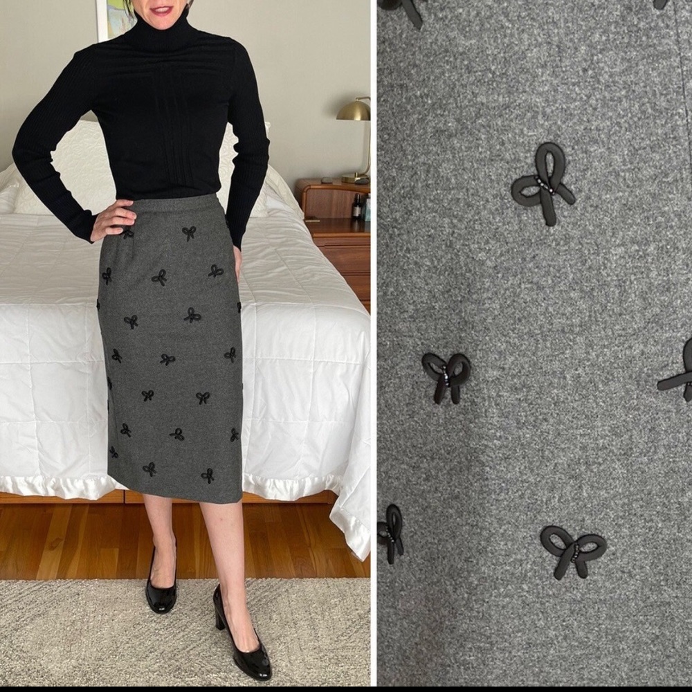 Grey Wool Pencil Skirt Black Bows By Sloan XS